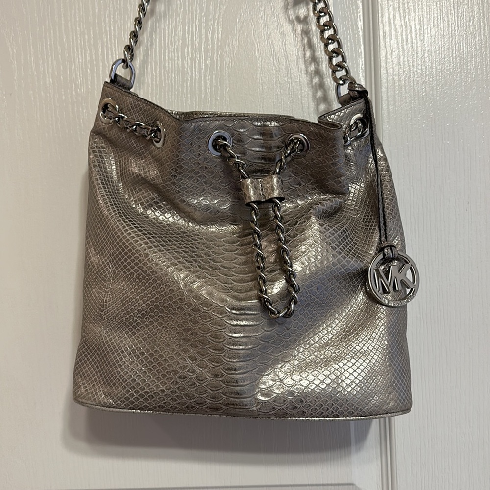 Michael Kors Silver Bucket Bag Purse in Snakeskin